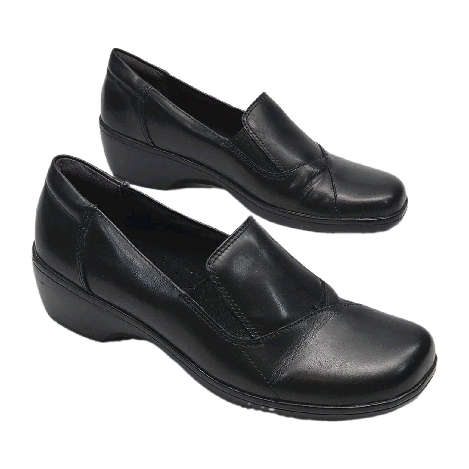 Clarks Collection Loafer Shoe Slip-On Women Sz 11 Black Leather 2.25" Heel
